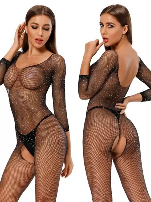 Siyah Taşlı Özel Bölgesi Açık Vücut Çorabı