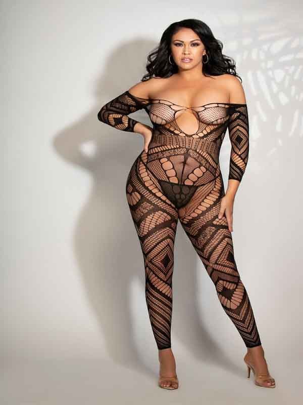 Uzun Kollu Derin Dekolteli Geo Desenli Vücut Çorabı