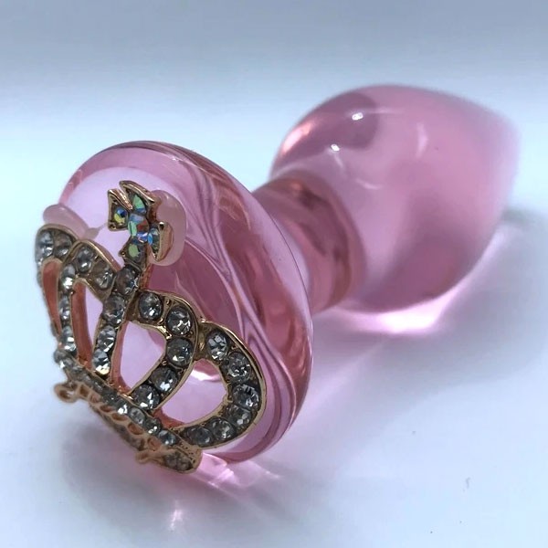 Pembe Cam Anal Plug – Taç Motifli Zarif Tasarım (11,6 cm)