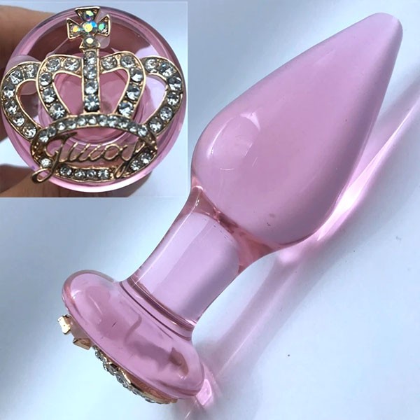 Pembe Cam Anal Plug – Taç Motifli Zarif Tasarım (11,6 cm)