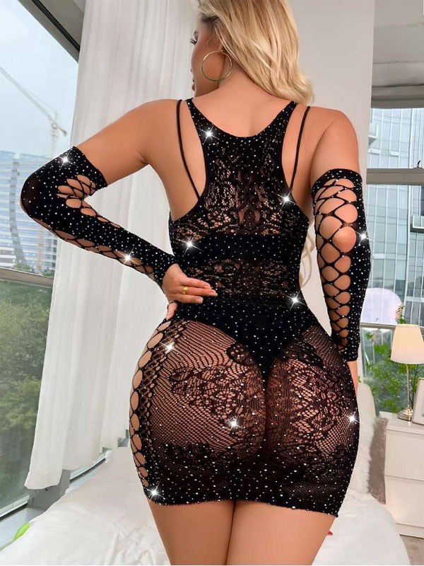 Siyah Mini Elbise Eldivenli Taşlı Zebra Desenli Vücut Çorabı