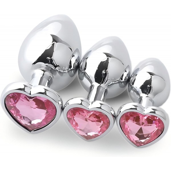 3’lü Pembe Kalp Taşlı Lüks Paslanmaz Çelik Anal Plug Seti (S/M/L)