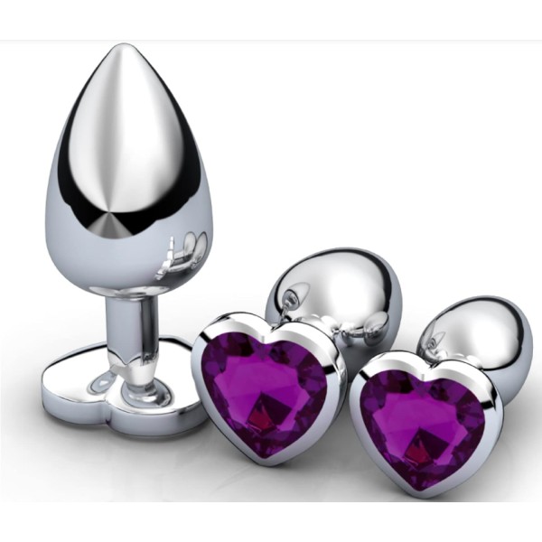 4’lü Mor Kalp Taşlı Anal Plug ve Titreşimli Bullet Seti (S/M/L)